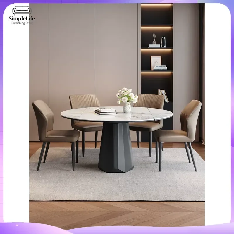 Italian Sintered Stone Round Dining Table Extendable Rotating Lazy Susan with Induction Cooker Modern Multifunctional
