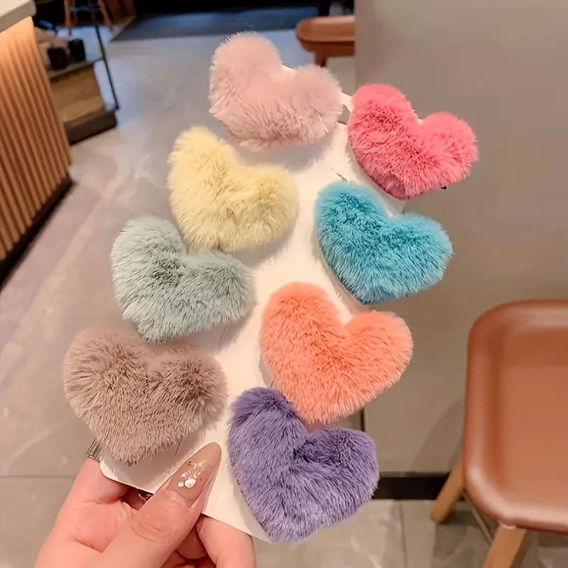 8 cute plush heart-shaped hair clips, sweet headwear accessories, suitable for ladies in autumn and winter