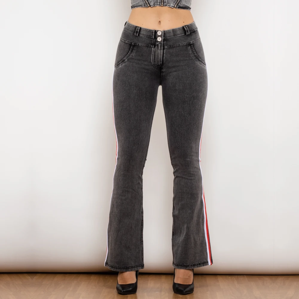 Shascullfites Grey Flare Lift Jeggings Mid-Waist Stretch Slim Fit Bell Bottom Jeans Pants with Stripe for Gym And Shaping