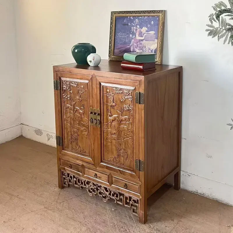 Ming and Qing Style Elm Wood Flower and Bird Carving Entrance Cabinet Solid Wood Rotating Storage Cabinet Chinese Retro Log