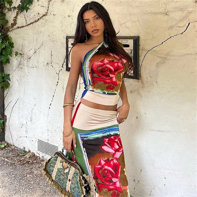 

2023 New Women Summer Crop Tops Midi Skirt Two Piece Matching Sets Vacation Outfits Streetwear Wholesale Items For Business