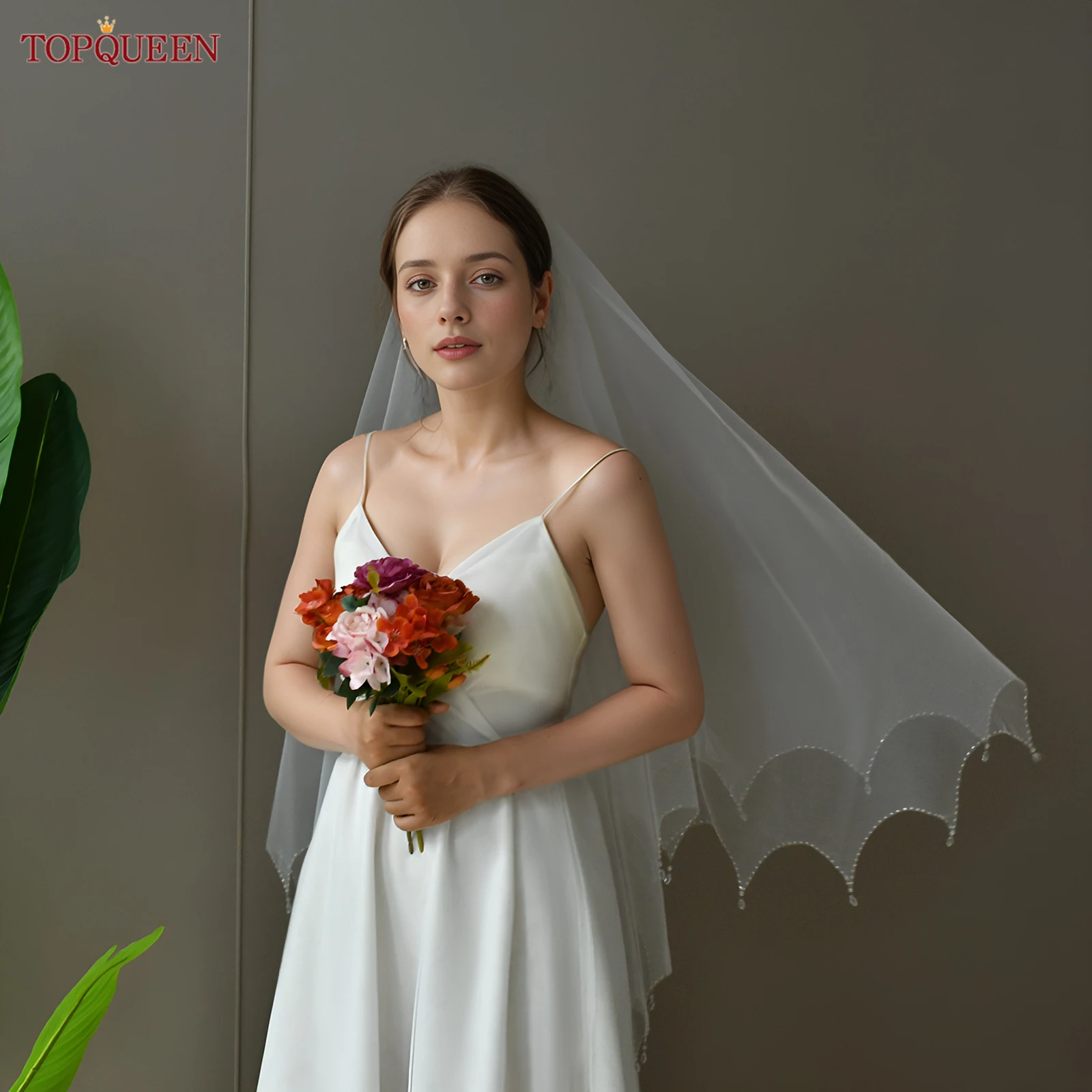 TOPQUEEN Kerudung Pernikahan Manik-manik Kristal Gading 2 Lapis dengan Sisir Tulle Lembut Perona Pipi Kerudung Pengantin 100% Buatan Tangan Dapat Disesuaikan V218