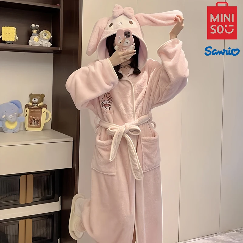 MINISO My Melody Hooded Bathrobe Kawaii Kuromi Fashion Comfortable Shower Robe Cartoon Cinnamoroll Large Size Home Wear Dress