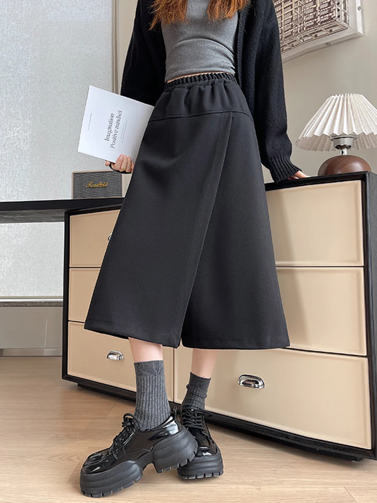 

Женская шерстяная юбка-миди А-силуэта, свободного кроя, стройнящая, осенне-зимняя, модный дизайн, повседневная, с высокой талией, плиссированная юбка-брюки