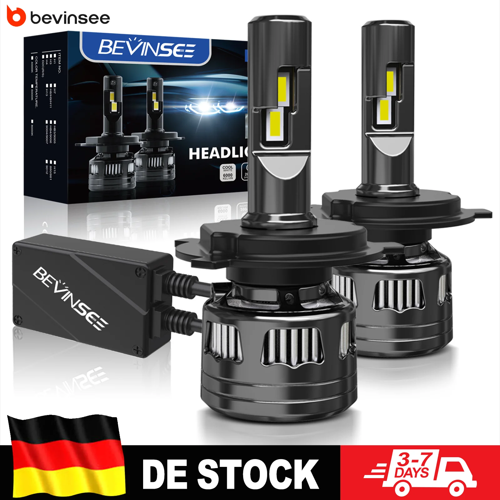 BEVINSEE H4 120W LED-Lampen Abblend- und Fernlicht Hochleistungs-22000LM Superhelle CANBUS Fehlerfreie H4 LED-Autoscheinwerfer 6000K Weiß 12V