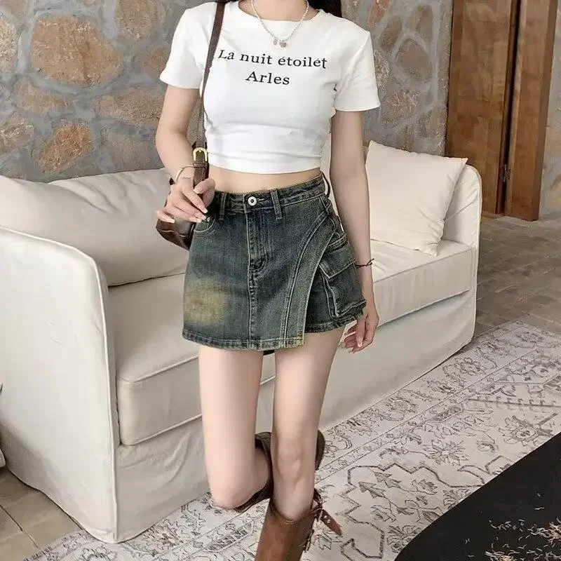 

Denim Shorts Women's Summer New Girl Mid Waist Thin Skirt Fashion Spice Girl Hip-wrapped Trousers Skirt