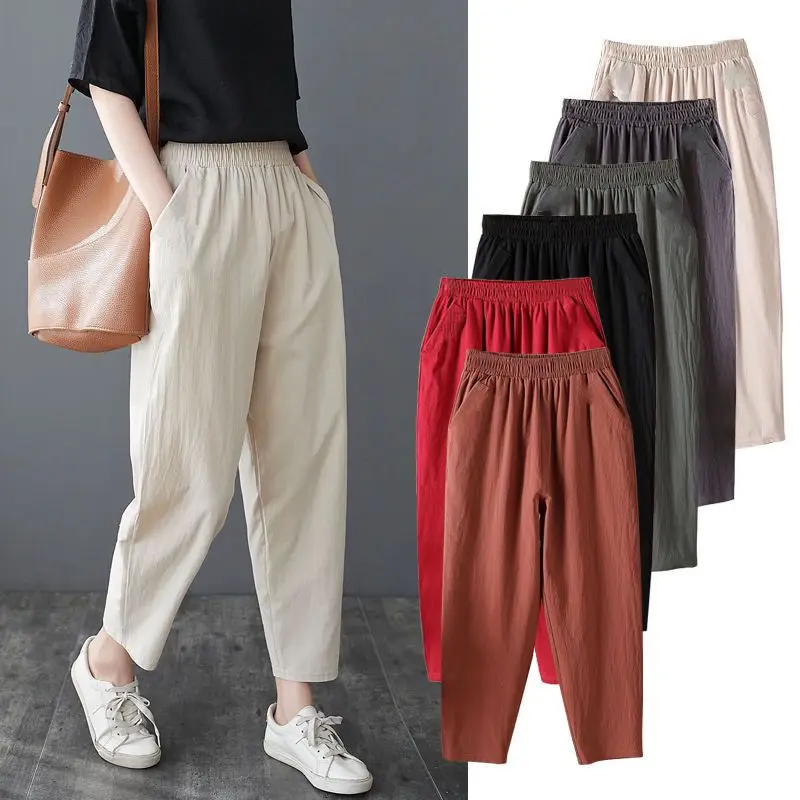 

Женские летние тонкие брюки-харланы из хлопка и льна с высокой талией, свободного кроя, в стиле ретро, больших размеров, повседневные, укороченные (длиной 7/8)