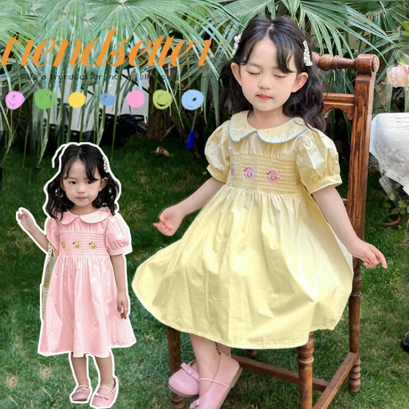 

Girls Dress Summer 24 New Korean Edition Childrens Fashion Yellow Doll Neck Princess Dress Girls Sweet Cute Clothes