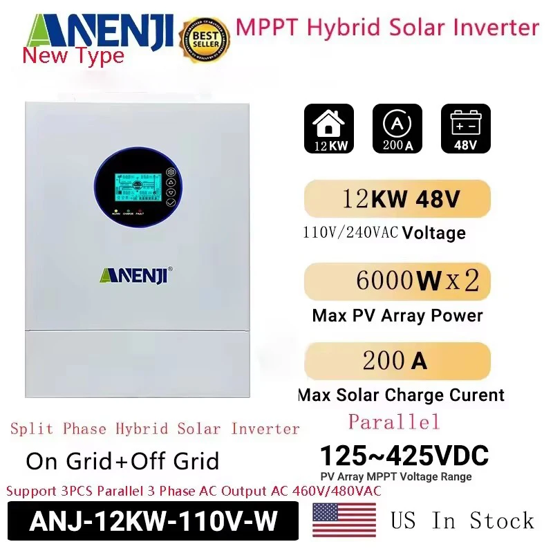 ANENJI Split Phase 12KW 48V Hybrid Solar Inverter 120V 220V Parallel Inverter Pure Sine On Grid MPPT 200A Solar Charger PV 500V