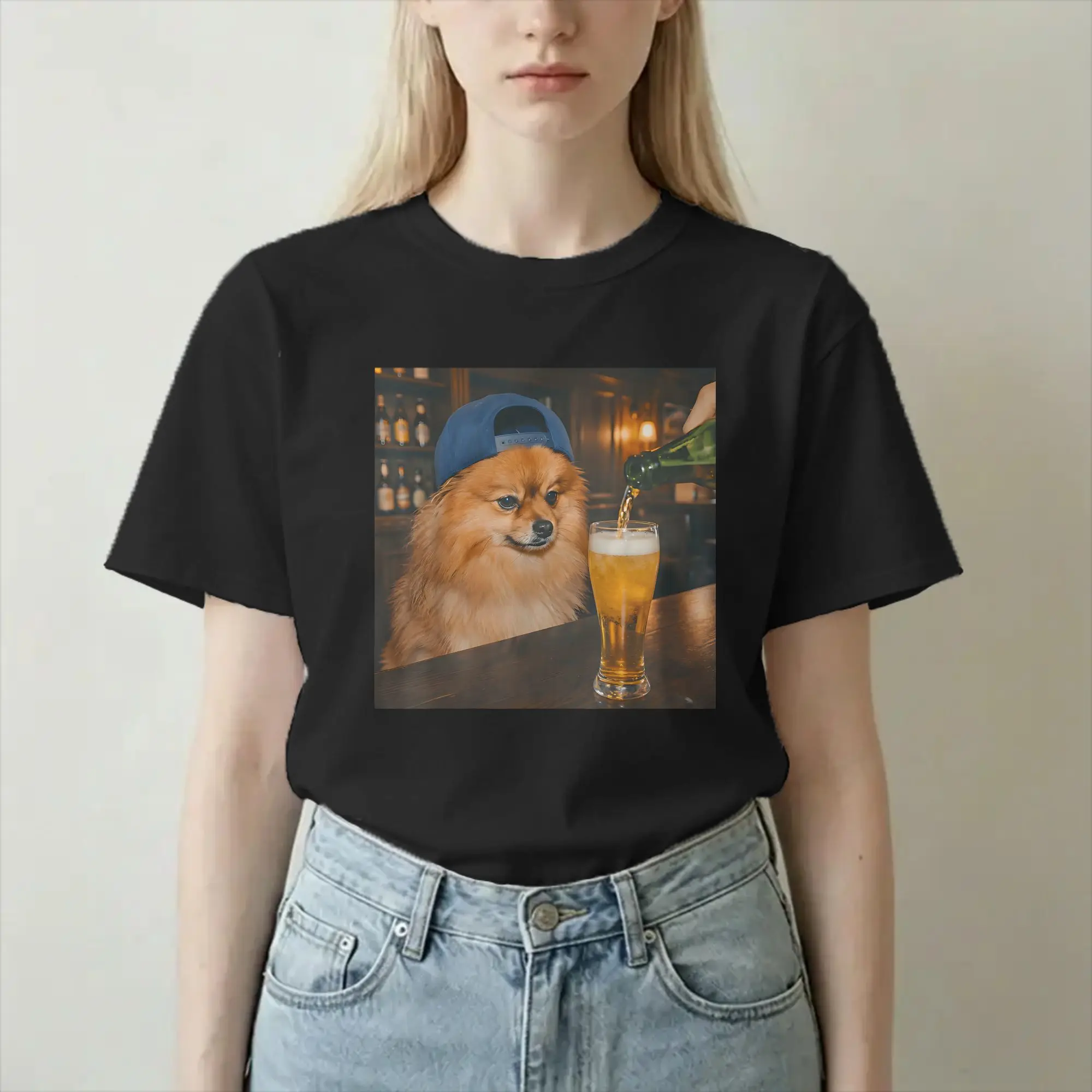 Funny Pomeranian Drinking Beer Men Women's T Shirt  Vintage Tee Shirt Short Sleeve Crew Neck T-Shirts 100% Cotton Gift Clothes