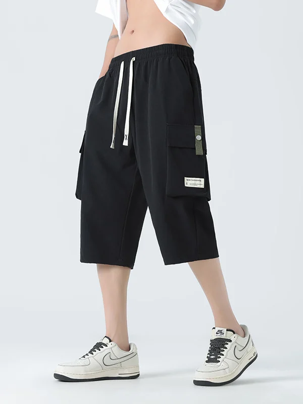 Casual Men's Running Pants Seven-Foot Workwear Straight Leg Fashion Urban Style Elastic Waist Polyester Fiber Spring Summer