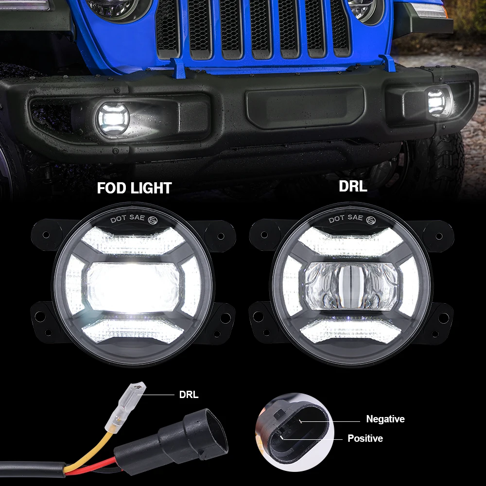 30W 4 Inch LED Fog Lights for Jeep Wrangler JK JKU LJ TJ Dodge Chrysler Journey Magnum with White DRL Turn Signal Passing Lamp