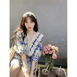 Vintage Blouses Women Print Lace Patchwork Shirts Summer Elegant Harajuku Lady Holiday V Neck Puff Sleeve Loose Casual Tops New