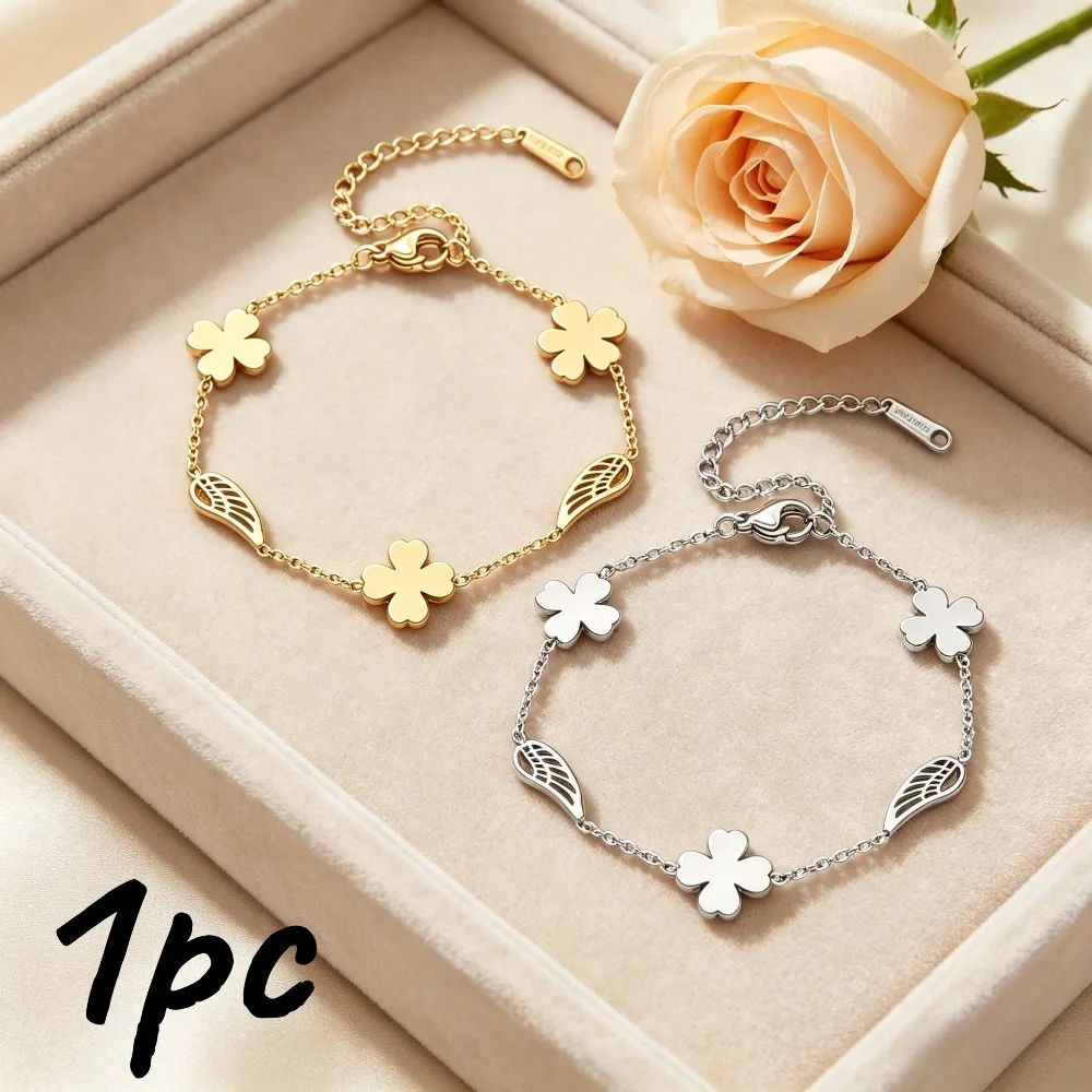 1Pc Fresh and Sweet Style Four-Leaf Clover Wing Bracelet, Available in Gold and Silver, Symbolizes Good Luck, a Friendship Token for Best Friends, a Gift for Valentine's Day, Birthday, or Christmas, Basic Style for Layering, Lucky Bracelet