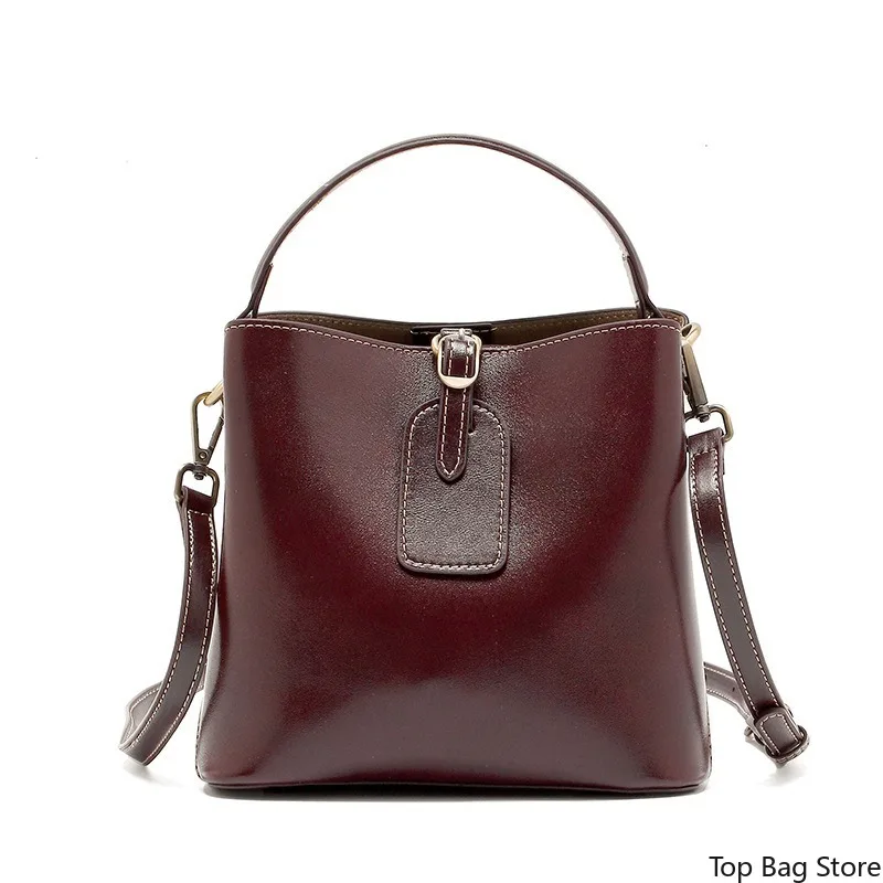 Vintage Elegant Work Bucket Bag for Women Pebbled Genuine Leather Vegetable Tanned Convertible Crossbody Strap Luxury Handbag
