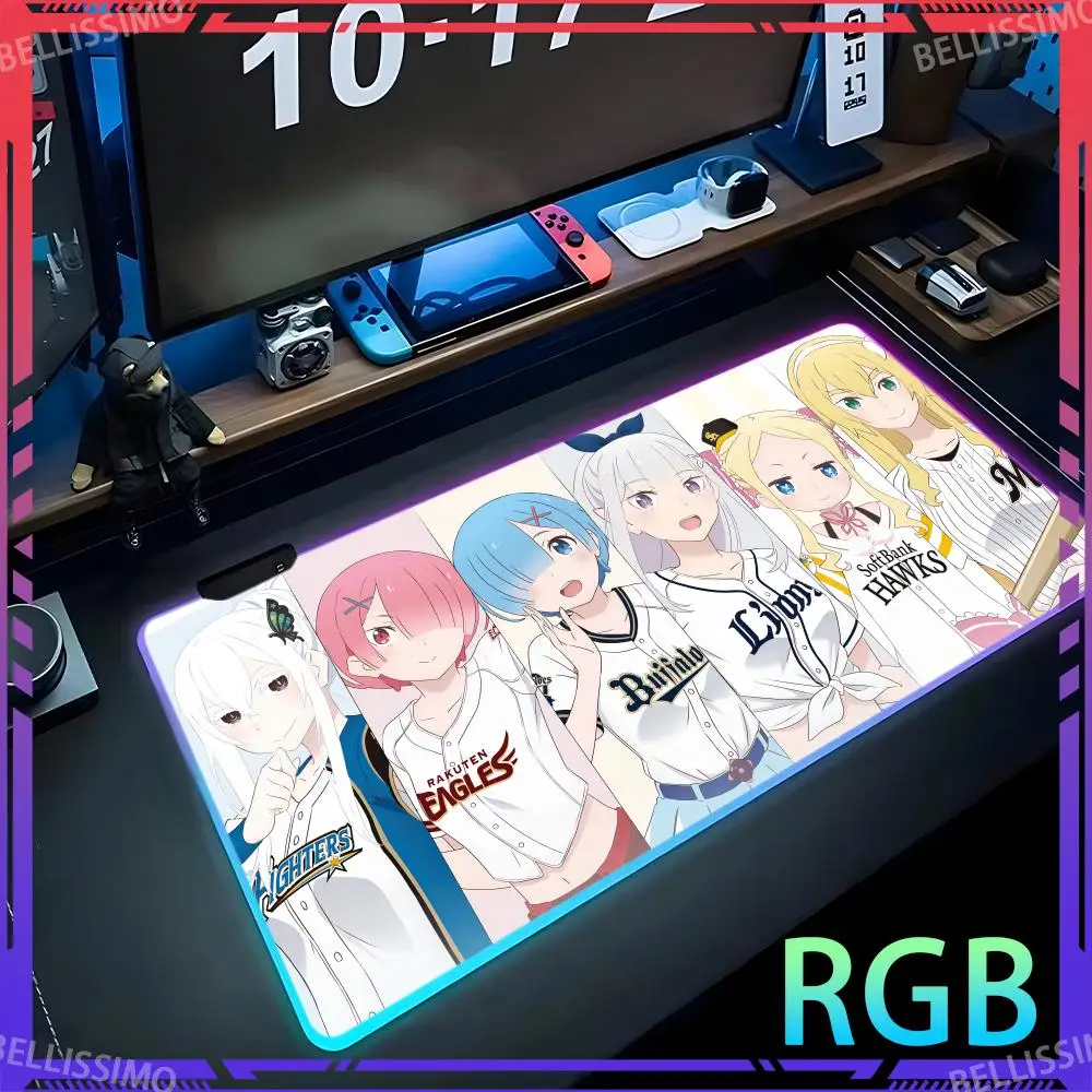 

RGB R_Rem Re Zero Anime Girl Large XXL MousePad Game Accessories Rubber Desk Pad Game Keyboard Pad Luminous Non-slip Mouse Pad