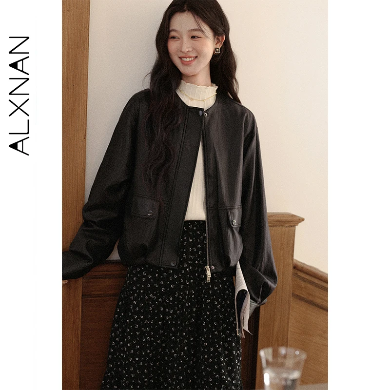 ALXNAN Brązowa Krótka Skórzana Kurtka Damska 2025 Jesień Zima Nowa Vintage Luźny Krój Skórzane Płaszcze Okrągły Dekolt Kurtka na Zamek L58058-1