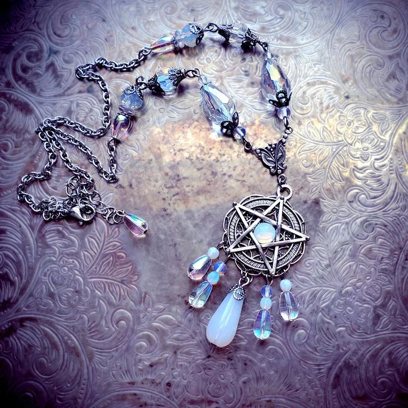 Triple Moon Necklace wiccan jewelry triple goddess pentacle necklace pentagram necklace pagan necklace