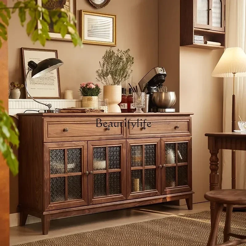 

01American Style All Solid Wood Vintage Glass Door Sideboard Cabinet Living Room Storage Locker