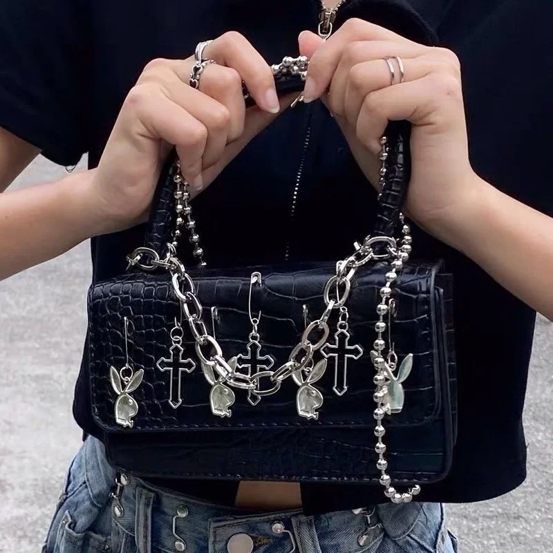 Harajuku Goth Women\'s Shoulder Bag Metalpunk Y2k Girls Small Square Messenger Bags Cross Clips Female Purse Handbags