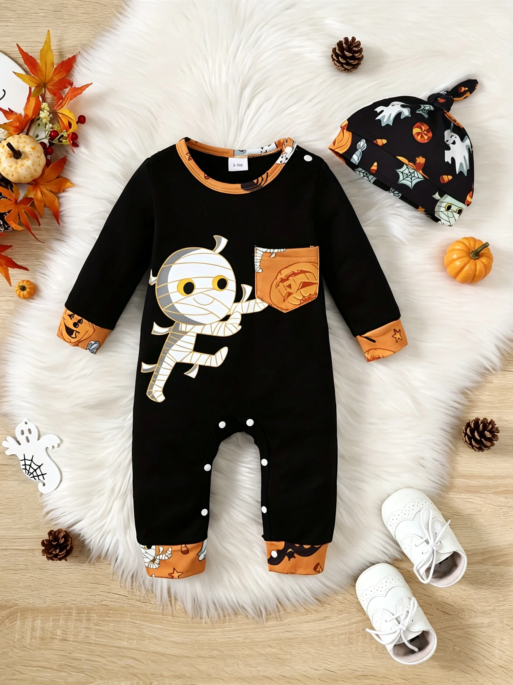 Cute Halloween Patterned Printed Long-Sleeved Jumpsuit + Hat Two-Piece Set