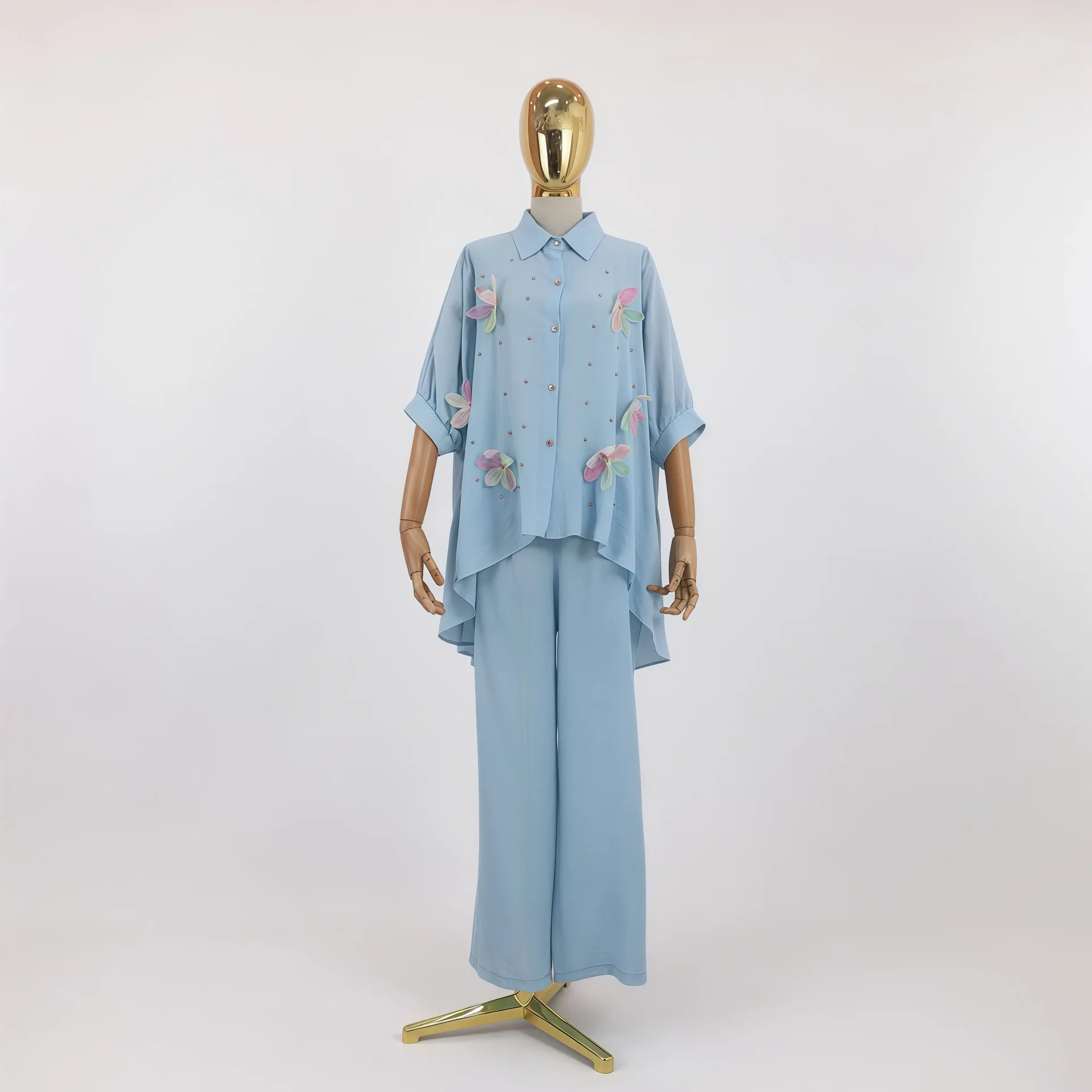 Dubai Muslim Women Two Piece Sets Short Sleeve Flower Buttons Shirt Pants Suits Tops Musulman Ensembles Islamic Arabic Outfits