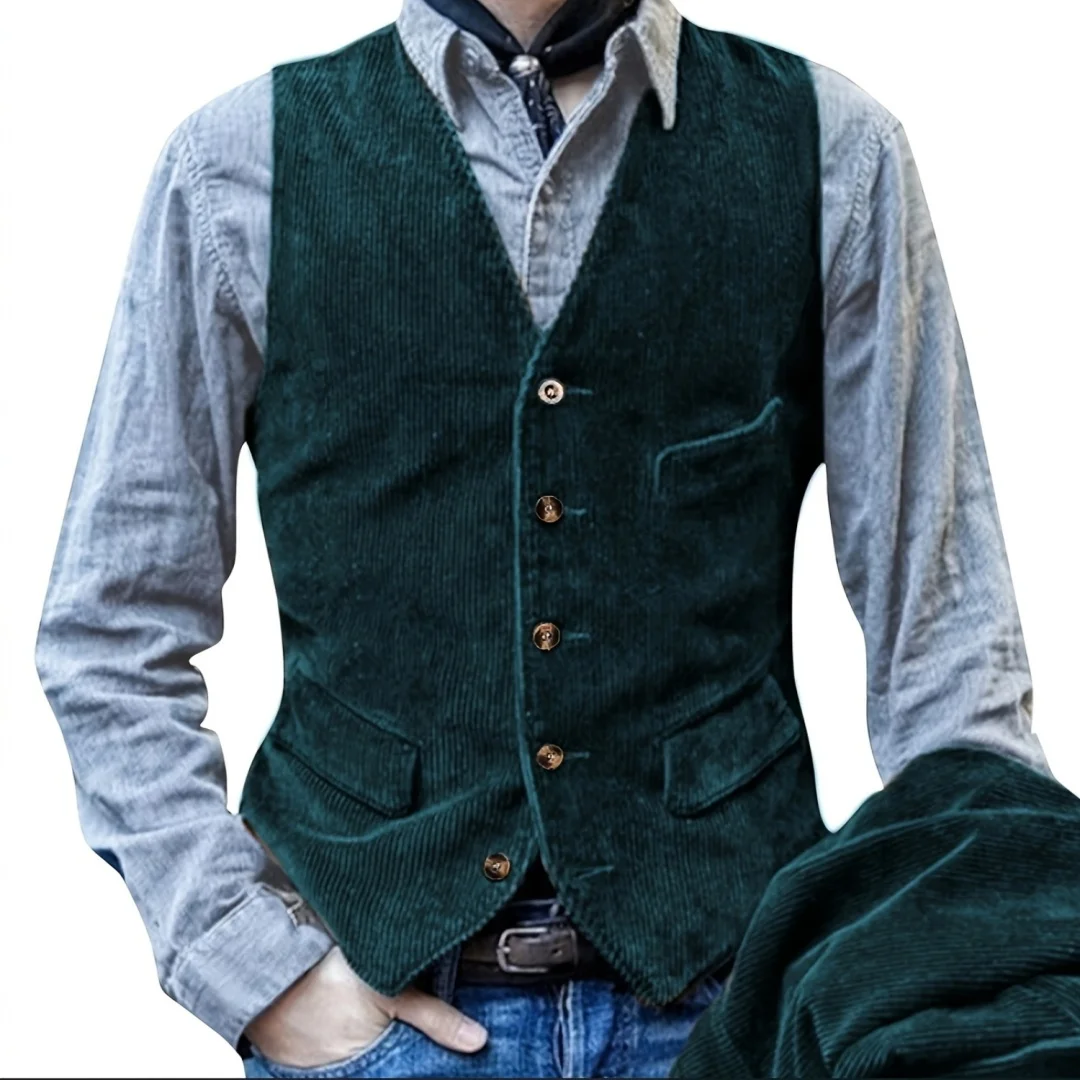Men's Casual Retro Striped Solid Color Jacket Vest, Elegant and Fashionable V-Neck Corduroy Sports Jacket for Spring and Autumn