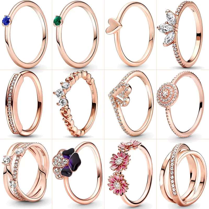 New Silver Colour Ring Rose Gold Plated Zircon Sparkling Princess Wishbone Heart Ring Women Original Pandor Fine Jewelry