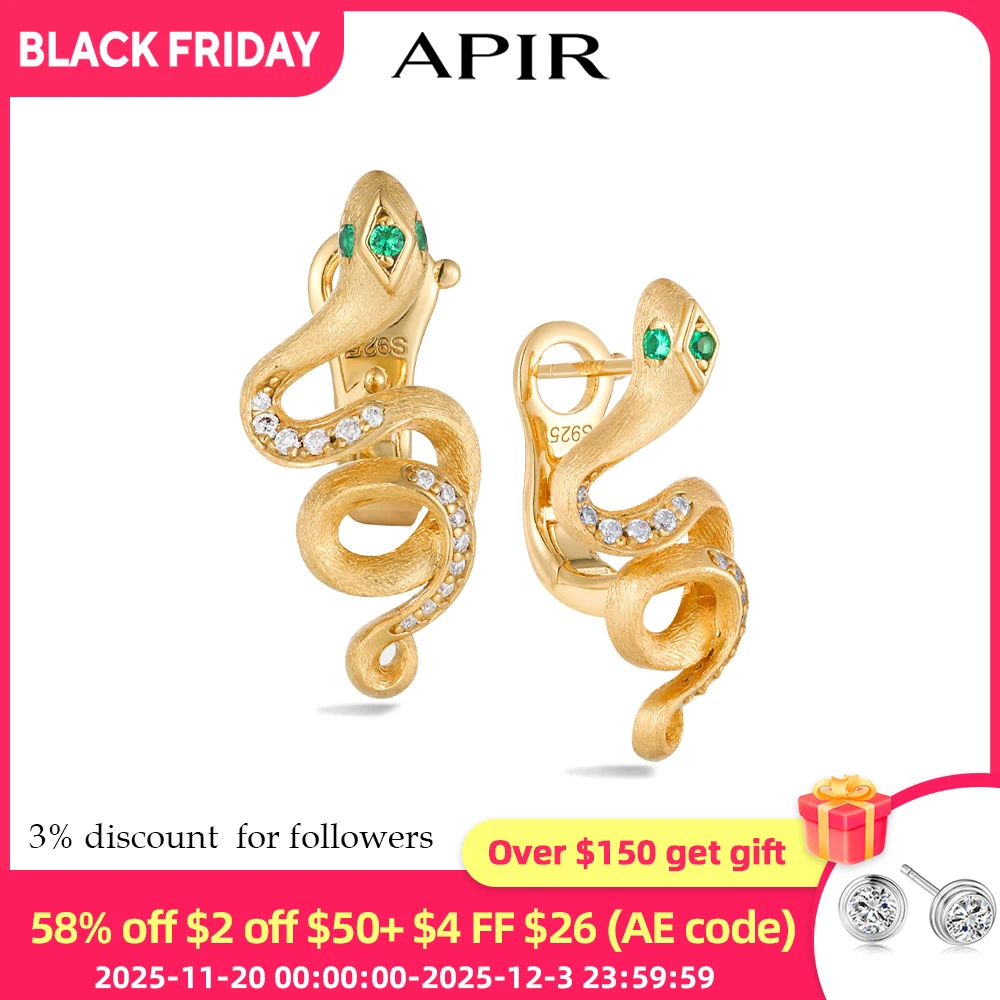

APIR Gold Plated Snake-shaped Emeralds Mossanite Stud Earrings for Women Brushed Finish Retro Pendant Earrings Banquet Jewelry