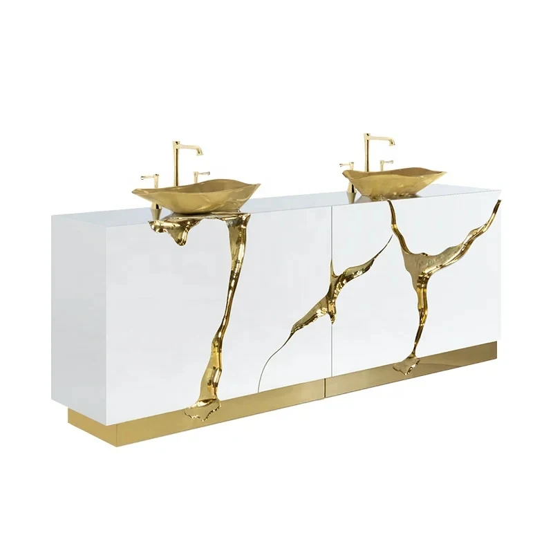 

Элитный современный золотой тумбовый шкаф для ванной комнаты с двойной раковиной и эффектом кракелюра, изготовленный на заказ для отелей и вилл