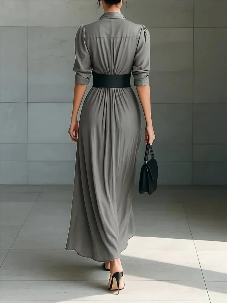 Lente Single Breasted Shirts Jurken Vrouw Revers Elegante Belted Slanke Geplooide Lange Jurk Herfst Lange Mouw Effen Feestjurk