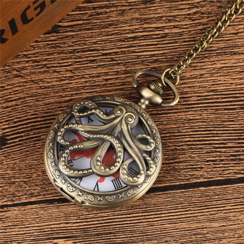 Bronze Octopus Pocket Watch for Men Women Quartz Movement Clock Necklace Pendant Chain Roman Number Display Gift