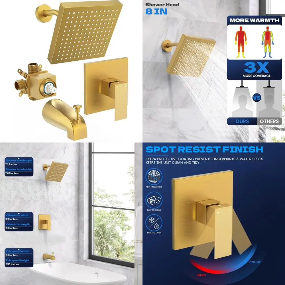 

Gold Shower Faucet Set with 8-Inch Square Head and Tub Mixer, Rain Shower Feature Included