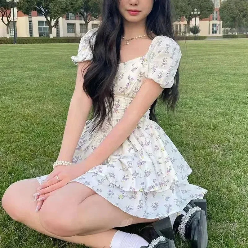 Primavera Verano suave chica manga corta manga de burbuja cuello cuadrado moda estilo coreano estampado Floral adelgazante vestido de mujer