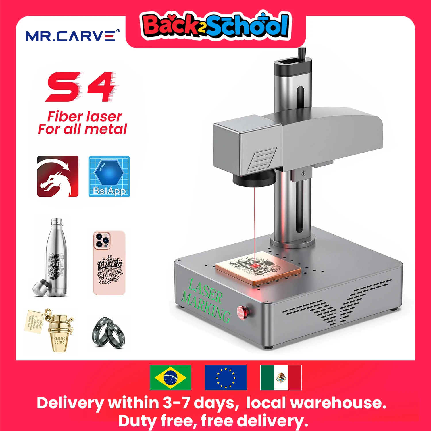 

MR.CARVE S4 50W/30W/20W Portable Industrial Fiber Laser Marking Machine for All Metal Jewelry Plastic Leather Fast engraving