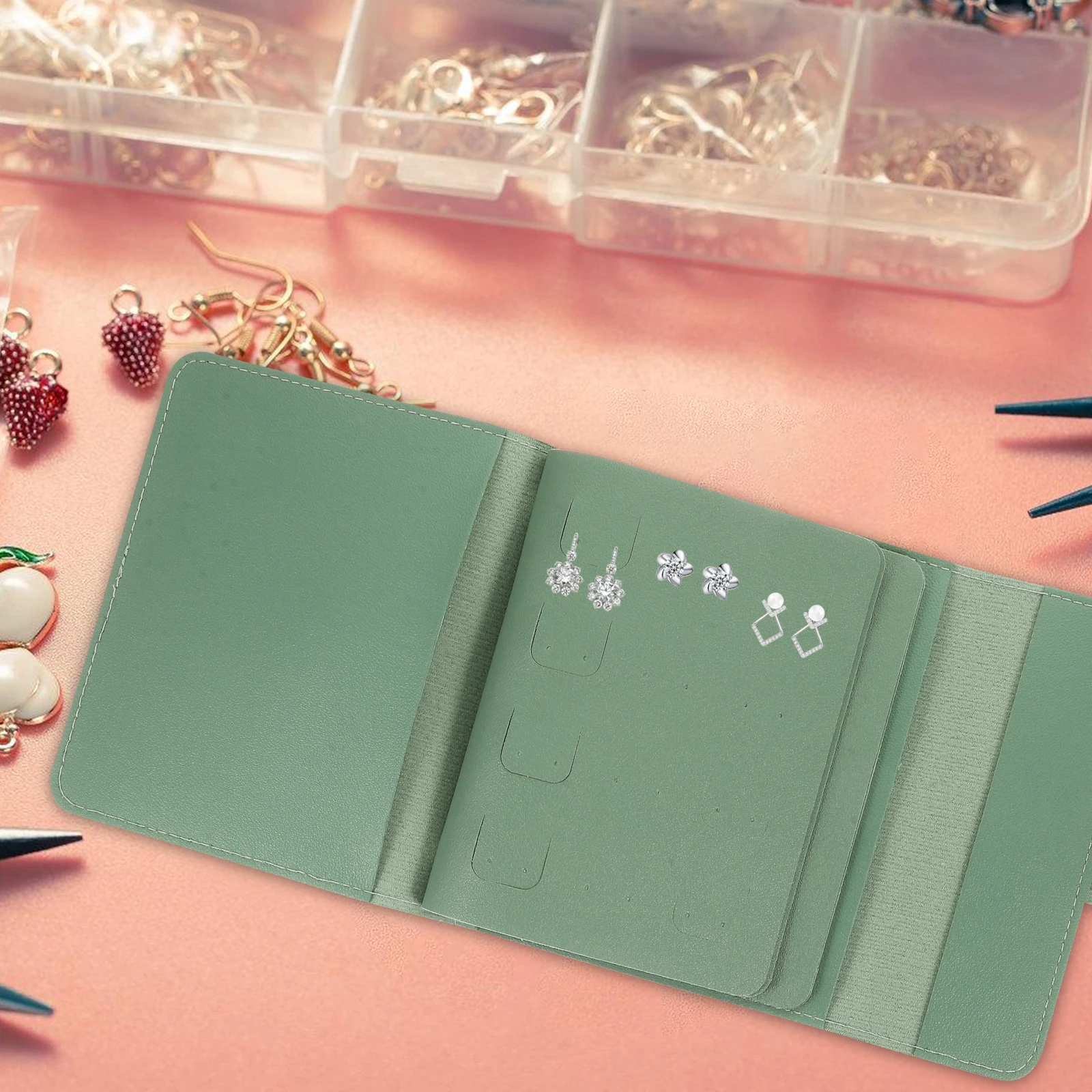 

Portable Earring Storage Book Jewelry Organiser Green Pu Small Travel Bag