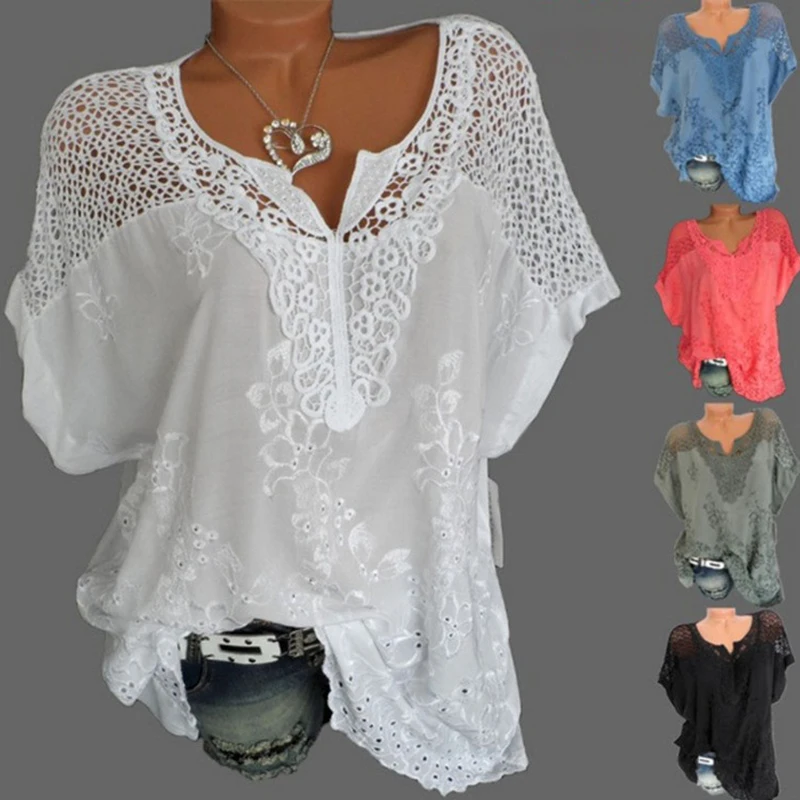 Camisa de manga corta holgada de encaje para mujer, blusas de algodón a la moda, camiseta de malla, Tops sexys, camisa elegante para mujer 2022