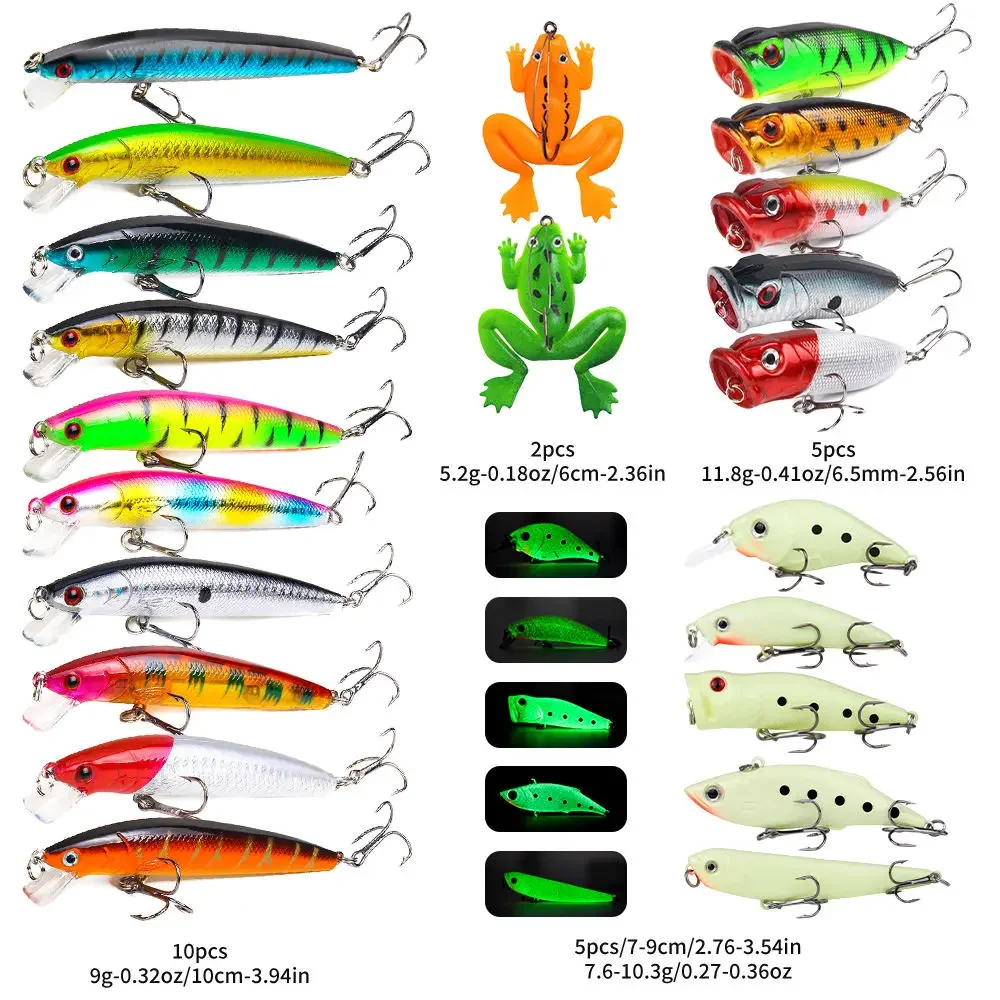 

22-piece Set Hard Lure Soft Frog Popper Minnow Pencil VIB Luminous Bait Set Durable Hooks Realistic Action Ideal