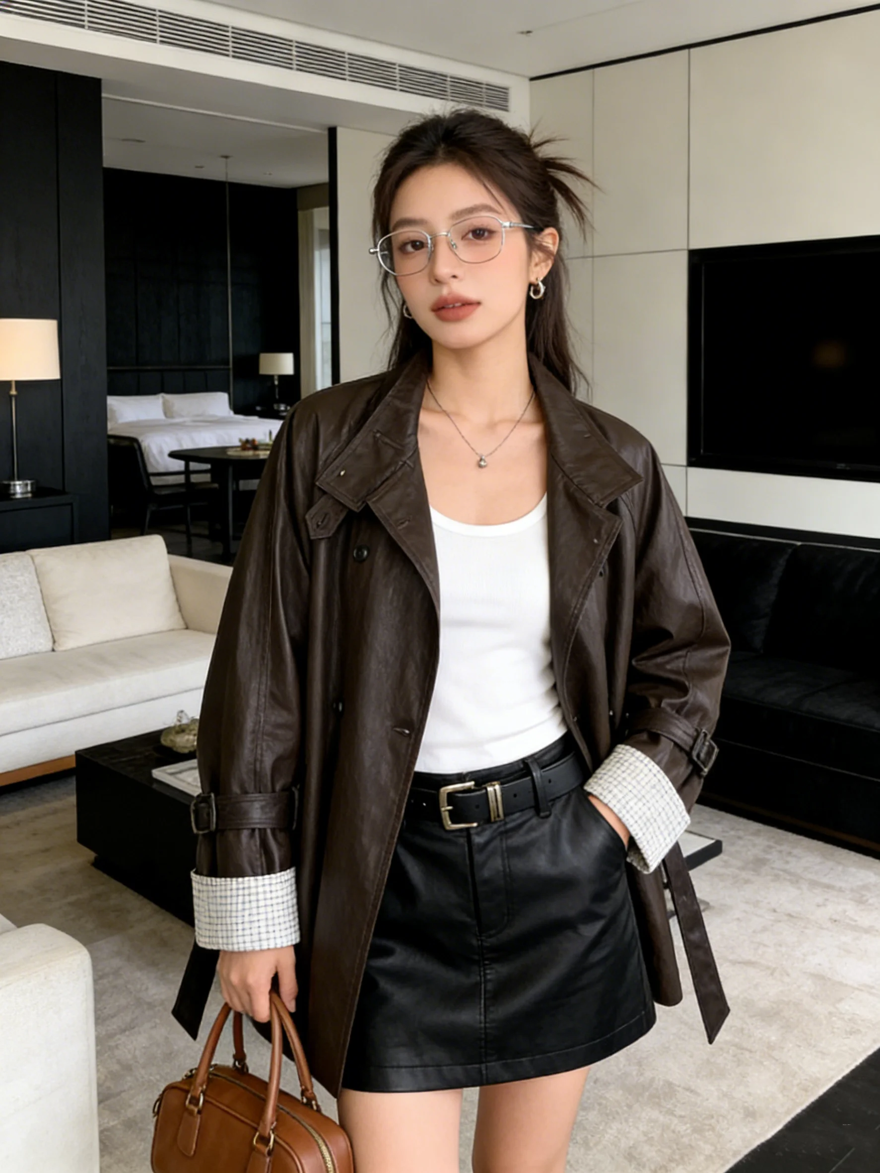 

Cé Brown Leather Jaet Mid-Length Casual Loose Design Sense Elegance Spring 2026 Women's Faion Outerwear Coat