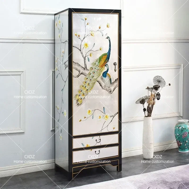 New Chinese Retro Hand Painted Wardrobe Light Luxury Gold Foil Wooden Small Single Door Vertical Cabinet