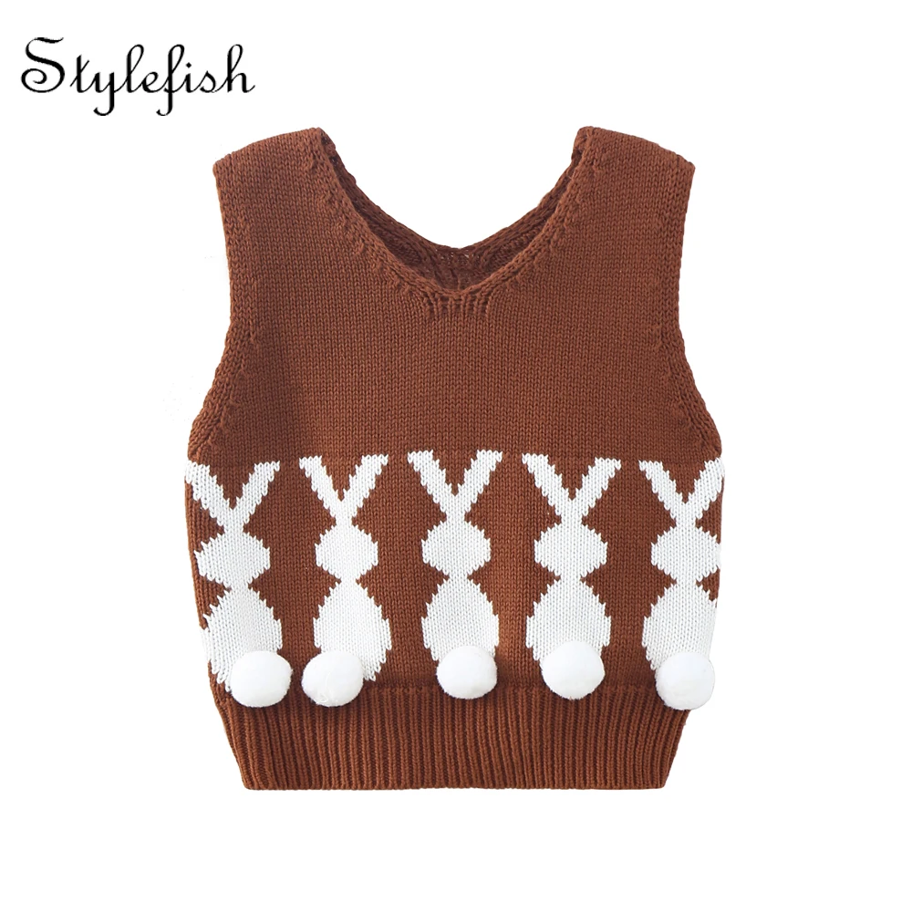 

2022 autumn infant clothing cute rabbit baby jacquard V-neck Pullover knitted vest sweater