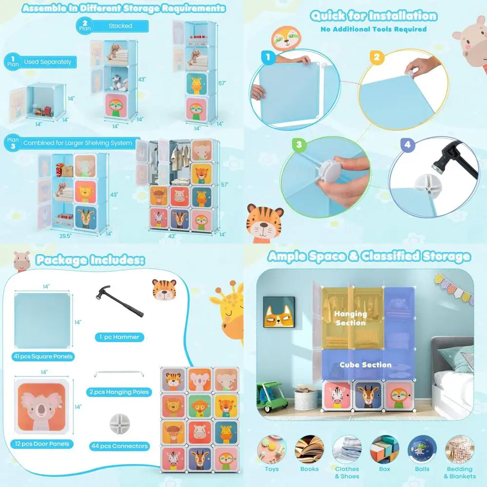

Blue Cartoon Kids Closet Organizer with 12 Cubes & 2 Hanging Racks, Portable Wardrobe for Babies & Toddlers