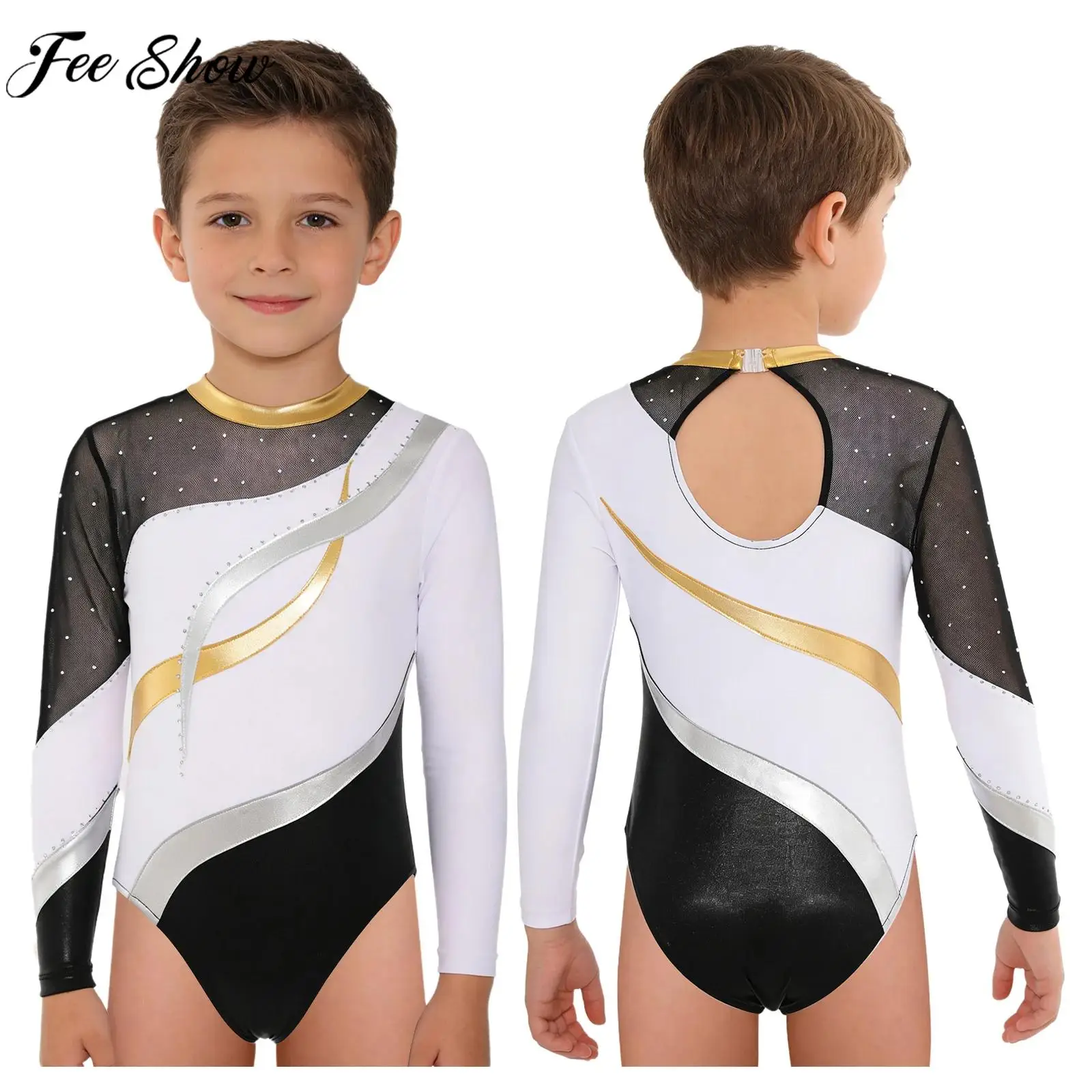 

Детский гимнастический купальник для мальчиков с длинным рукавом, металлическими стразами и сетчатыми вставками для фигурного катания, балета, танцев и акробатики