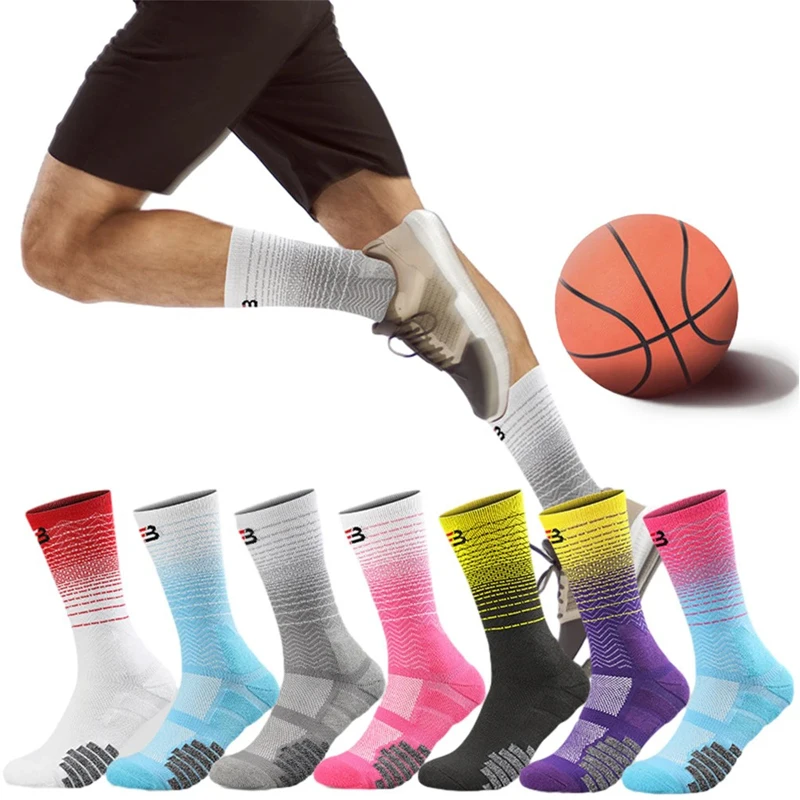 3 Pairs Basketball Socks Men Gradient Crew Running Socks Mid Tube Thick Towel Breathable Training Soccer Football Sports Socks