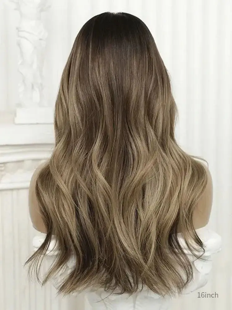 Long Length Ombre Caramel Brown Luxury Synthetic Lace Front Wig for Women Pre plucked Body Wave Middle Part Daily Party Hair 24