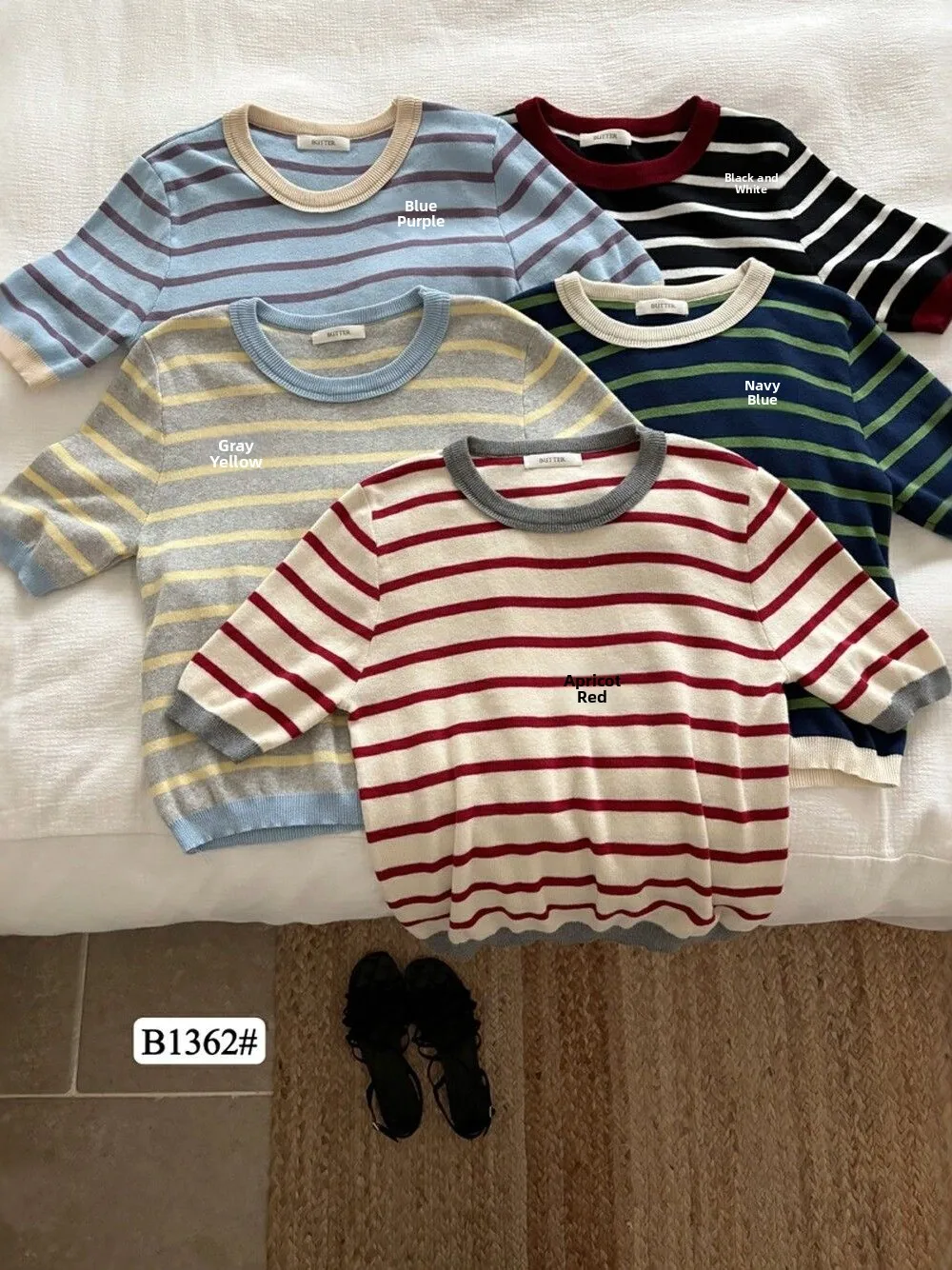 

Korean Sle Striped Color Blo round Ne ort Sve Thin Knitted Top Women's Slim Fit Spring Summer Simple Miu Series