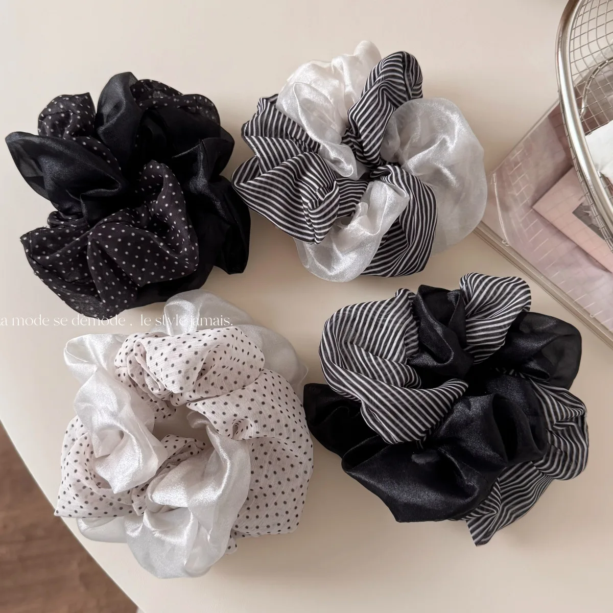 Hair Scrunchy Satin Polka Dot Color Block High Elasticity Comfortable Women Ponytail Holder Non Slip Durable Daily Travel