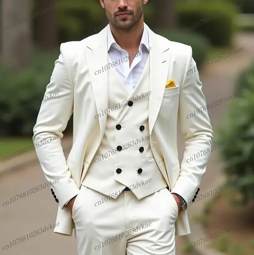 

New White Formal Occasion Men Suit Groom Groomsman Prom Wedding Party Business Tuxedos Male 3 Piece Set Jacket Vest Pants