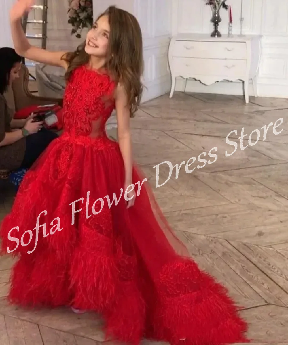 

Red Tulle Flower Girl Dress For Wedding A-Line Luxury Pleated Cute Floor Length Kids Birthday Dress First Communion Ball Gowns