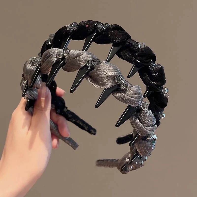 

Модный обруч для волос из ткани со стразами и зубцами, повязка на голову для волос, женские черные ленты для волос, аксессуары для волос, свадебная тиара, головной убор